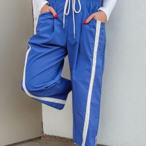 Dark Blue Contrast Striped Smocked Waist Drawstring Cropped Casual Pants