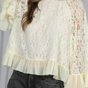 White Sheer Lace Long Sleeve Ruffle Trim Loose Blouse