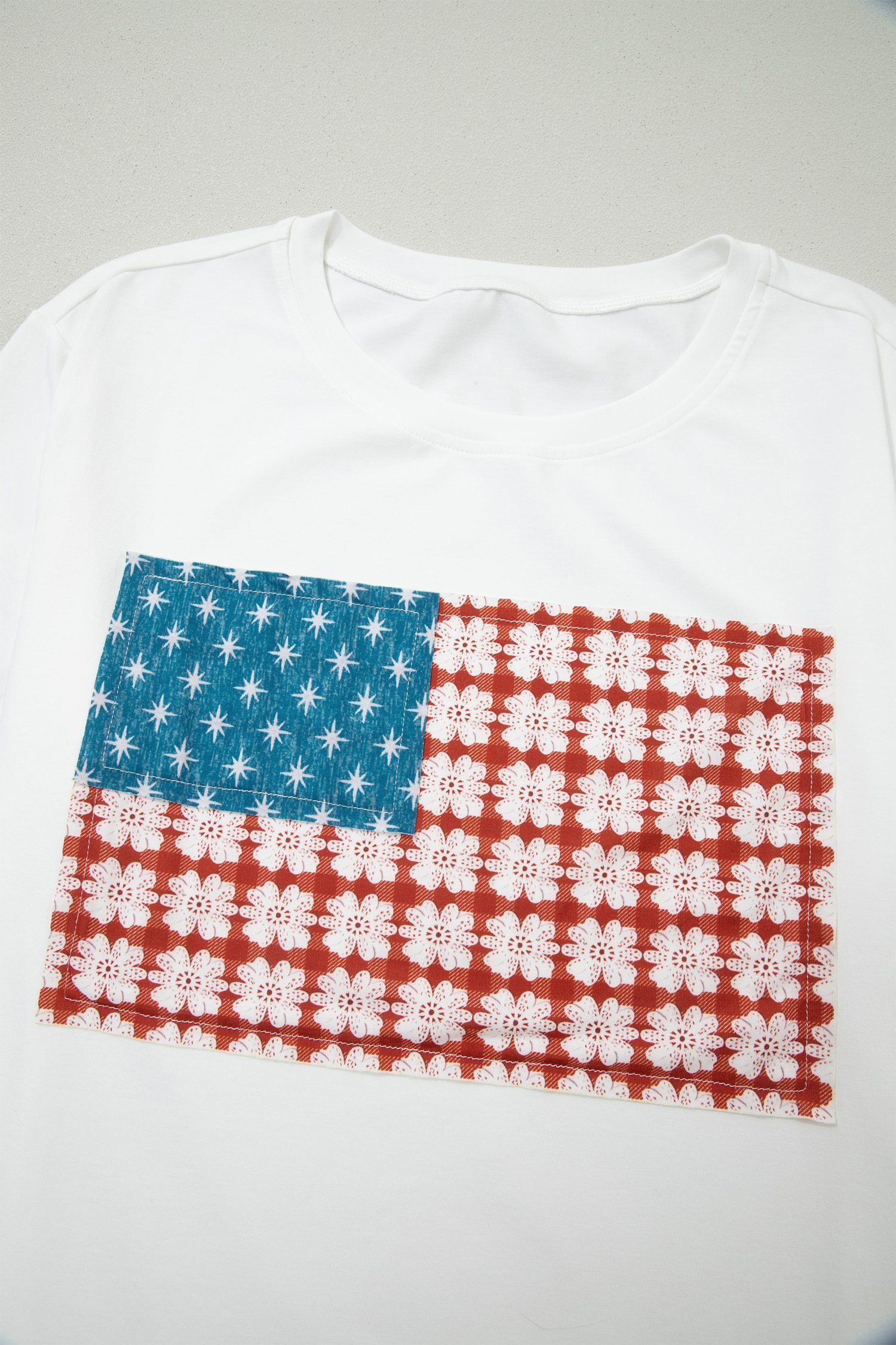 White Fancy Embroidered Patch Flag Casual T Shirt