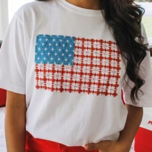 White Fancy Embroidered Patch Flag Casual T Shirt