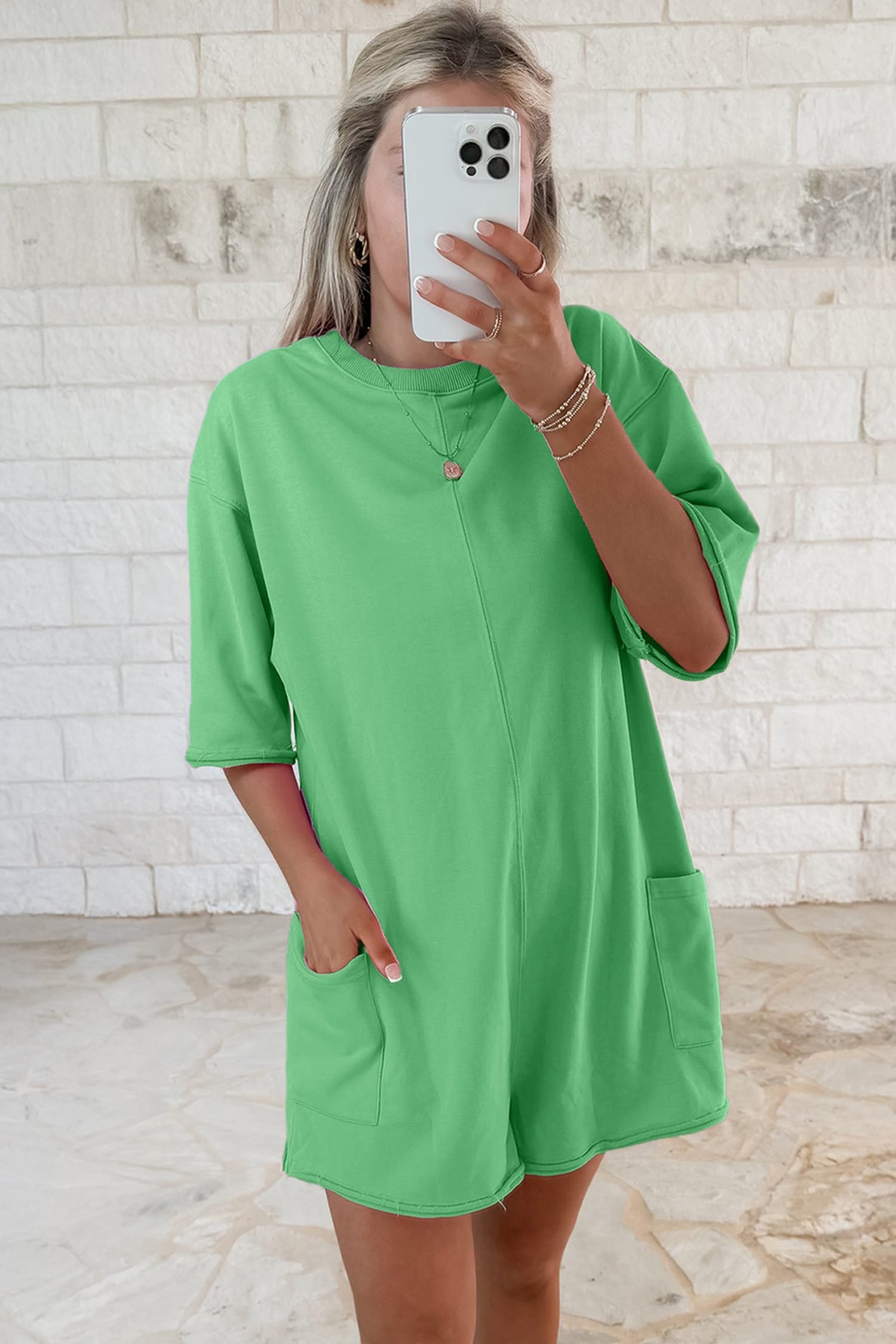 Bright Green Solid Color Raw Edge Half Sleeve Pocketed Loose Romper