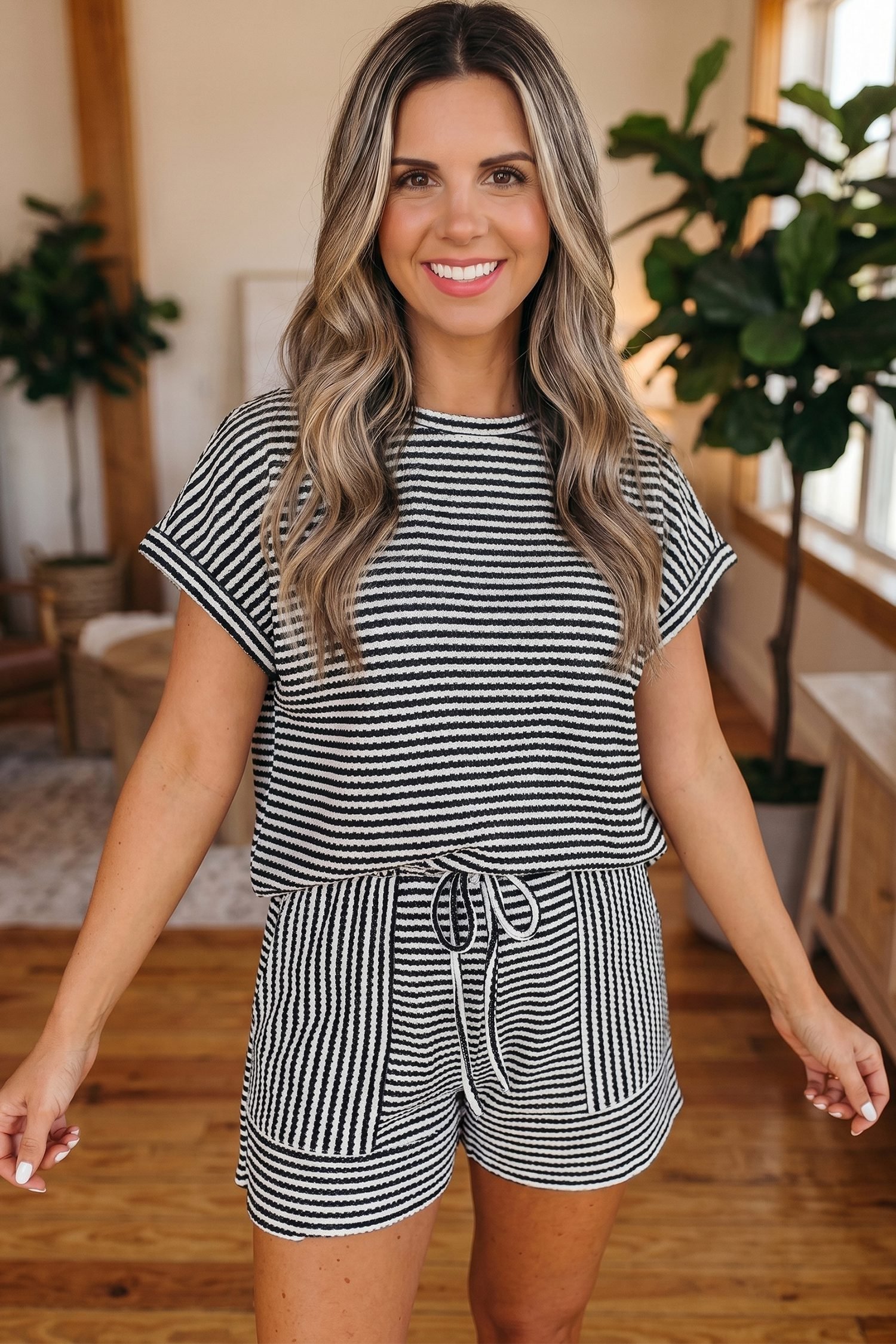 Black Stripe Breathable Textured Knit Short 2pcs Set