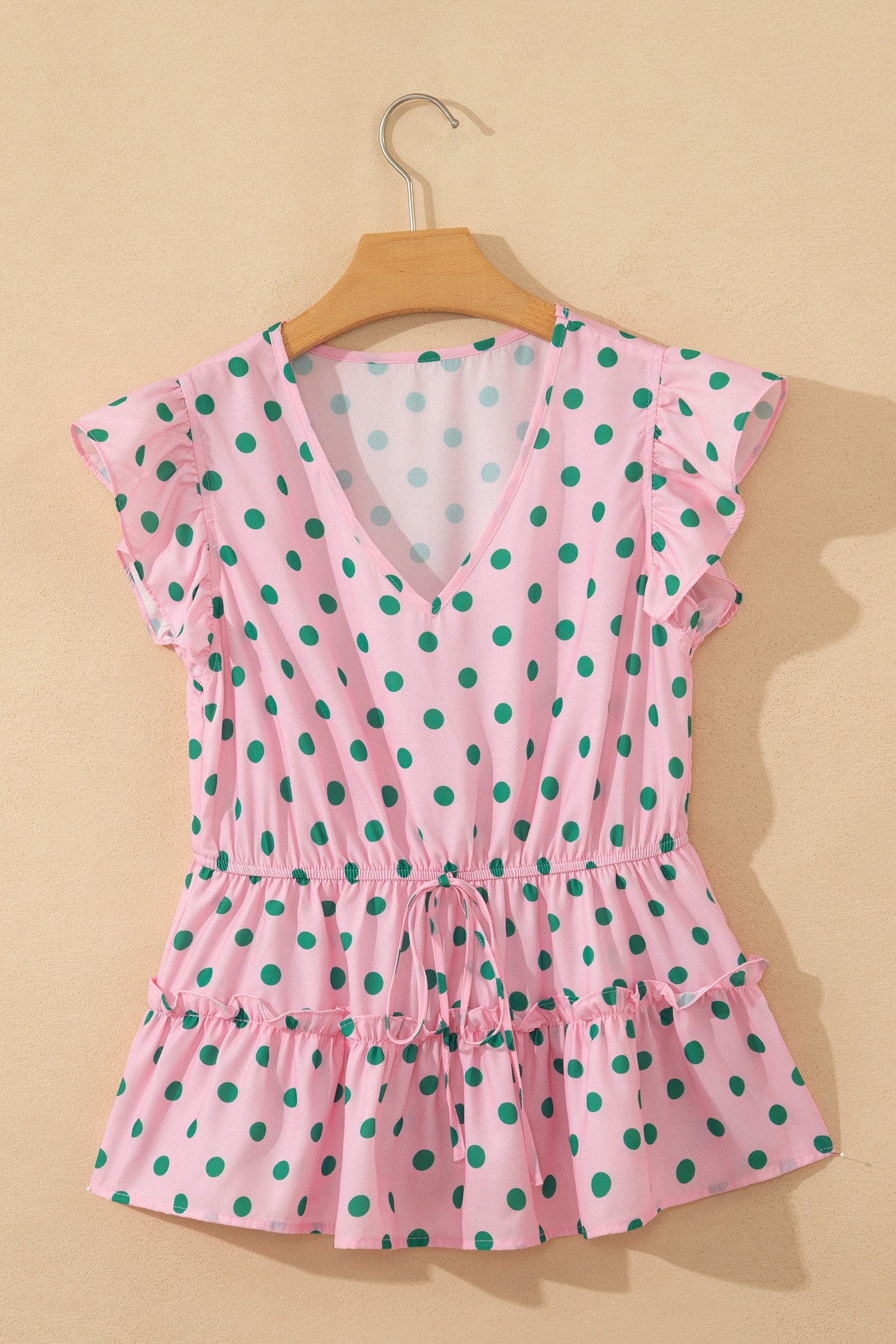 Pink V Neck Polka Dot Print Drawstring Tiered Babydoll Blouse