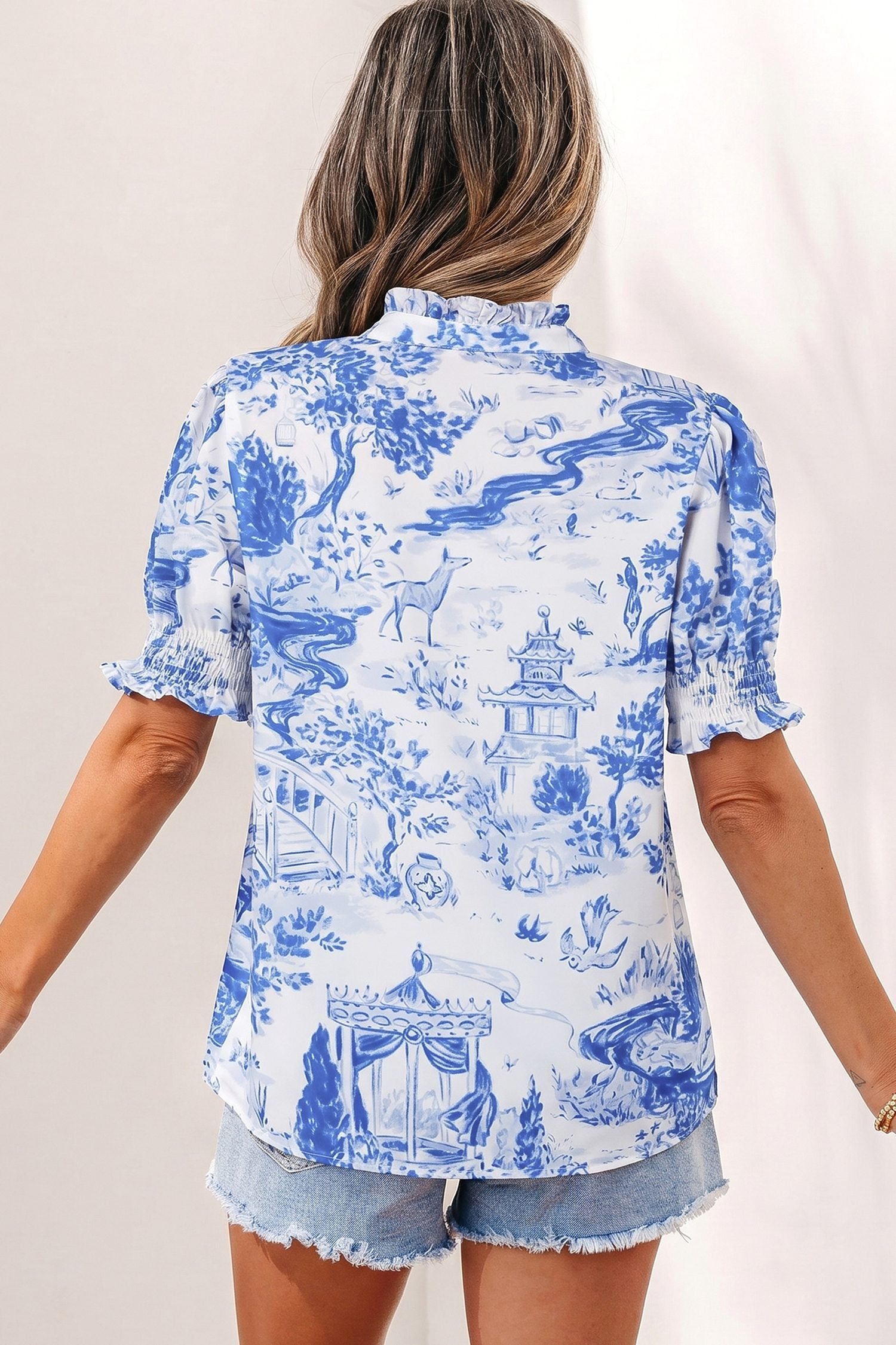 Blue Wild Animal Paradise Striped Detail V Neck Blouse