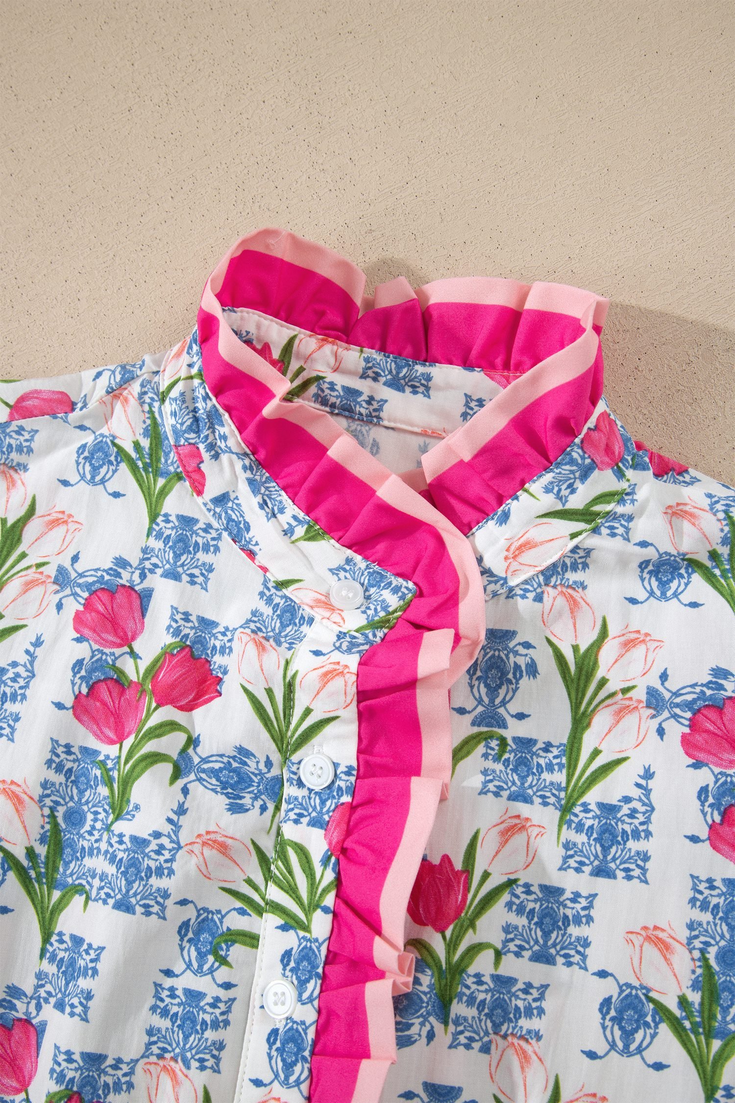 Rose Floral Print Color Block Striped Trim Flutter Sleeve Half Button Blouse
