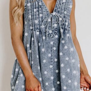 Sky Blue Polka Dot Print Tie V Neck Pleated Loose Denim Romper