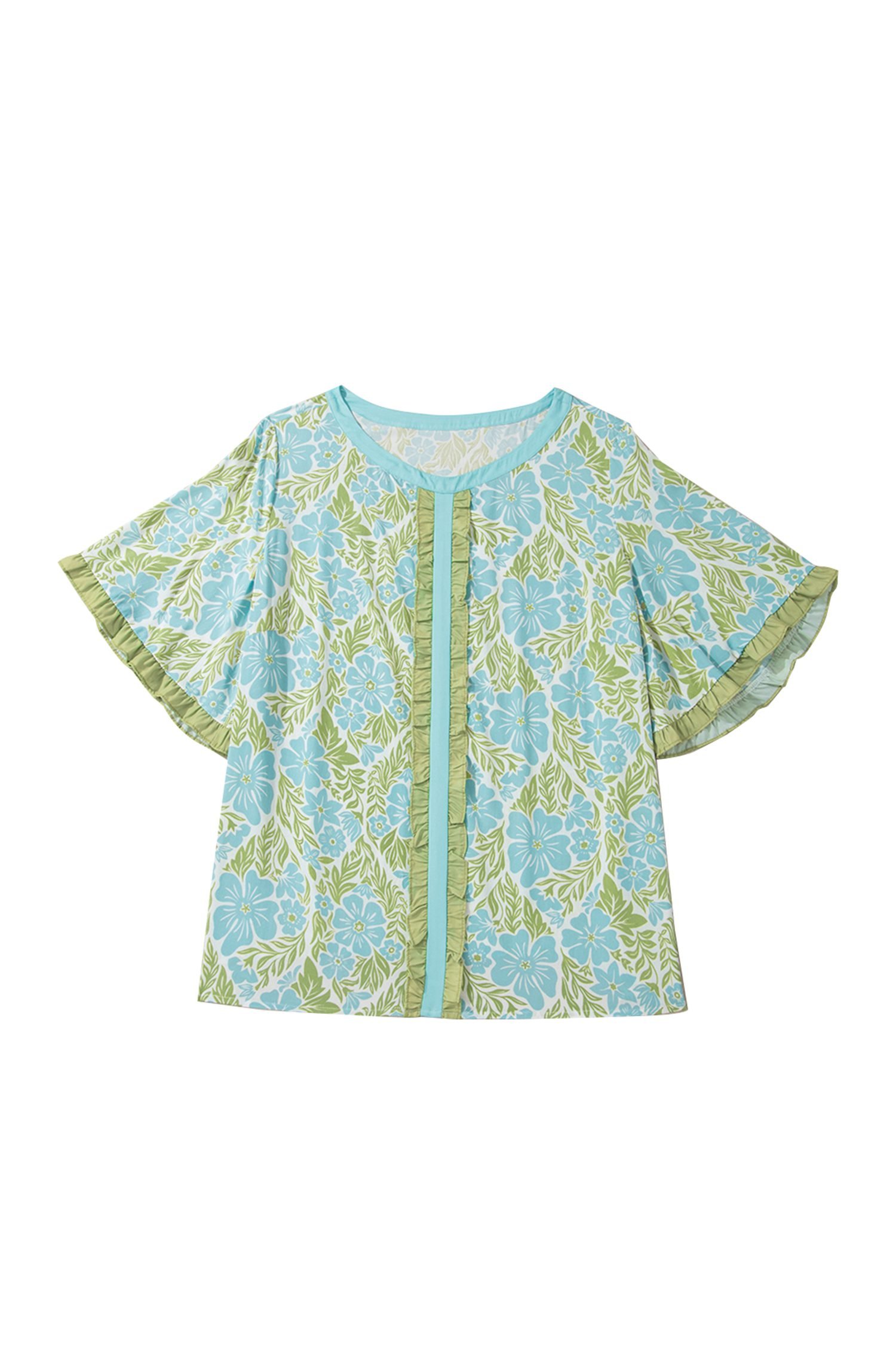 Sky Blue Plus Size Floral Print Frilled Color Block Trim Short Sleeve Blouse