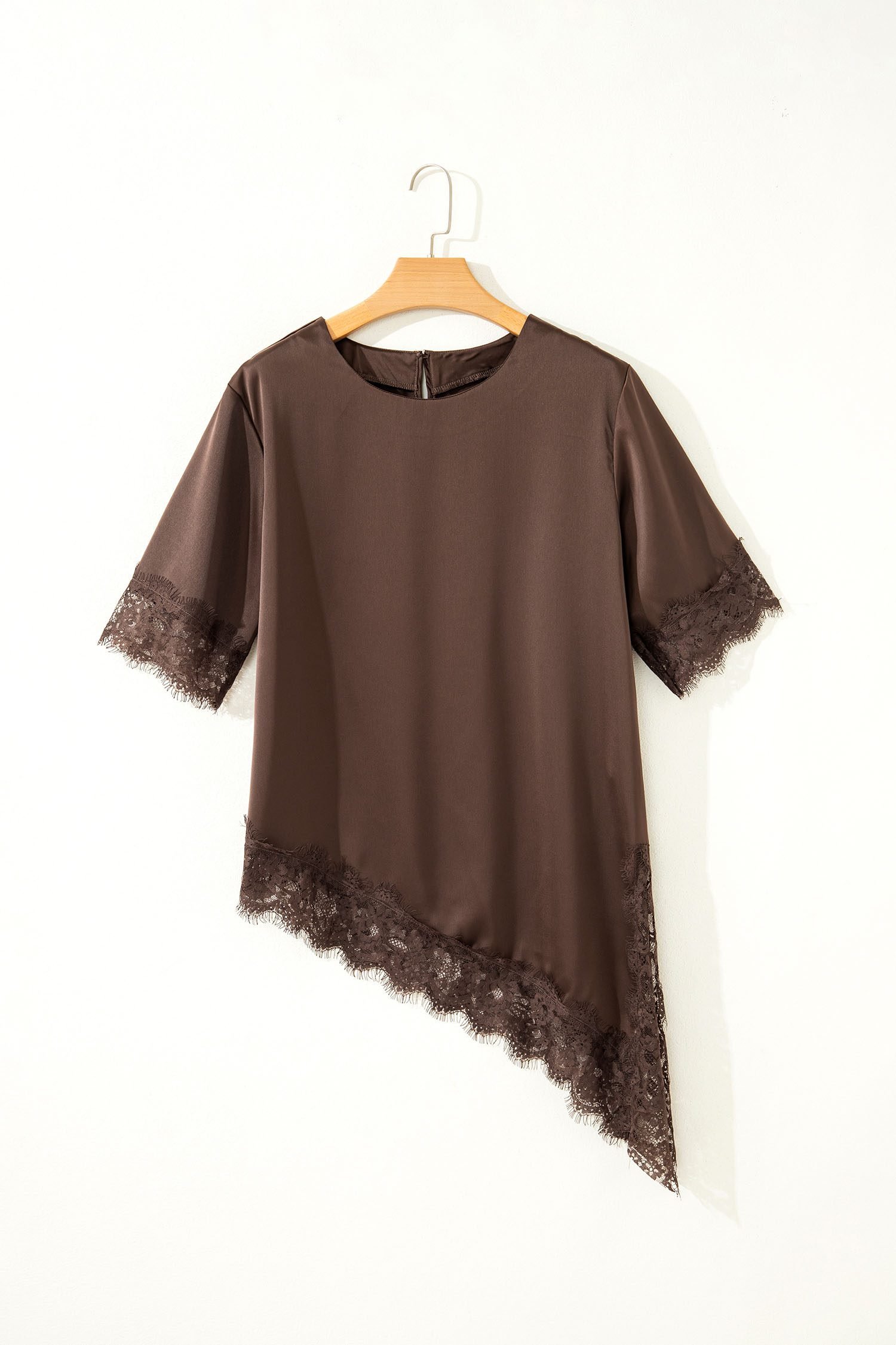Coffee Asymmetric Lace Trim Short Sleeve Satin Top