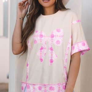 Apricot Daisy Floral Bow Contrast Patchwork Loose T Shirt