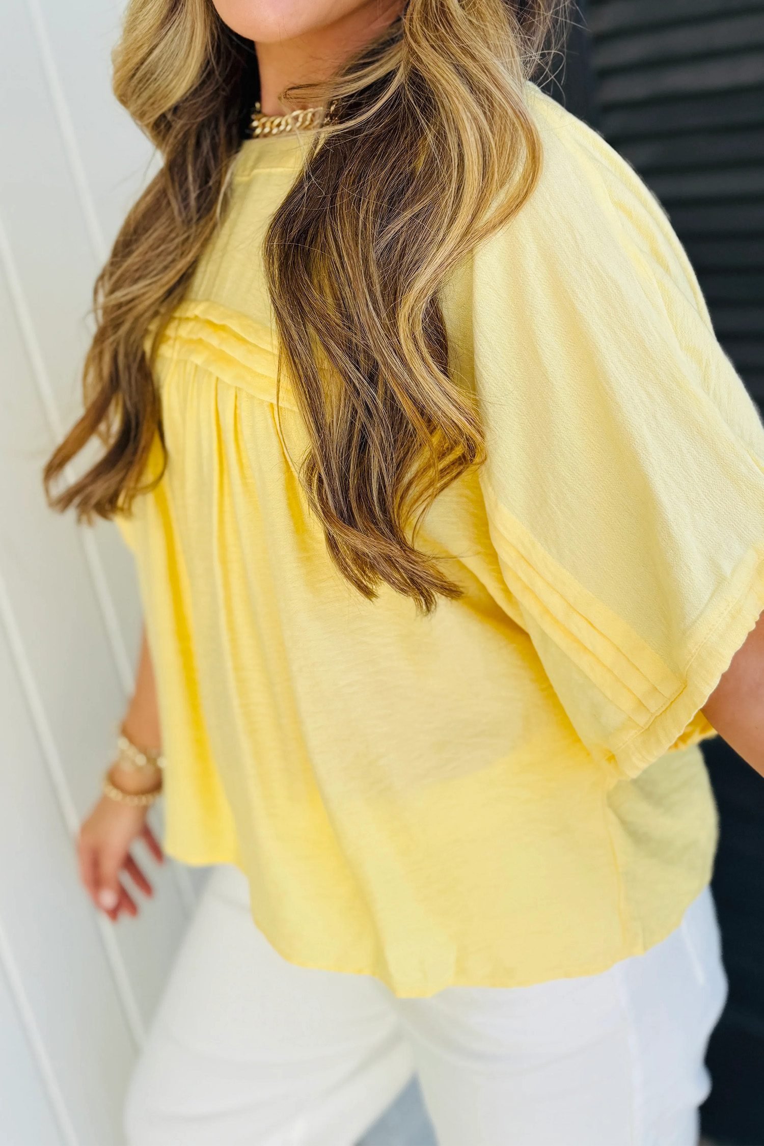 Yellow Cream Tie Half Sleeve Pleated Detail Babydoll Blouse