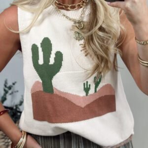 Multicolour Cactus Western Oasis Loose Sweater Vest