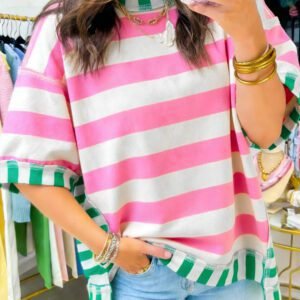 Pink Stripe Exposed Seam Contrast Patchwork Oversized Top