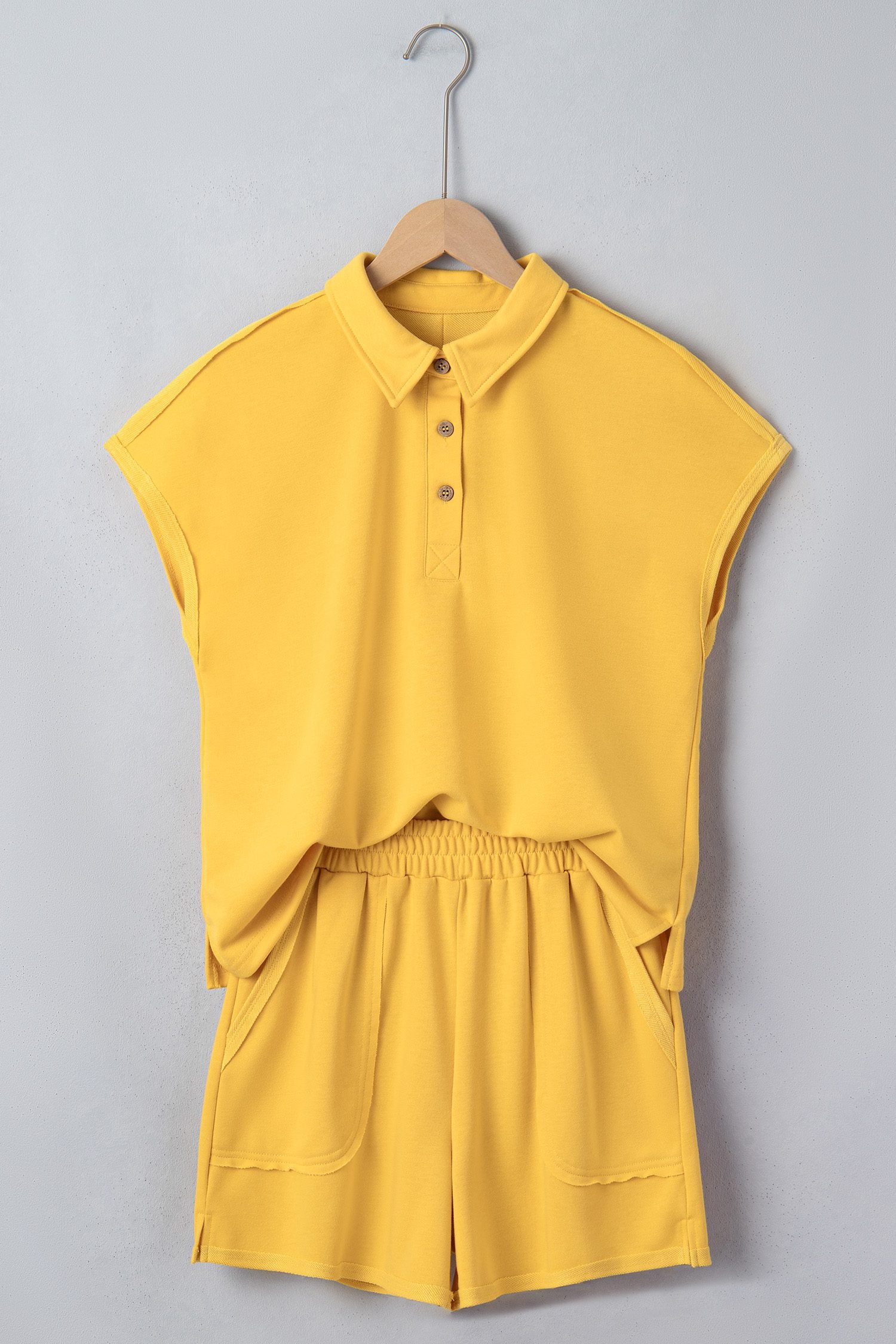 Banana Cream Loose Polo Tee Elastic Waist 2pcs Short Set