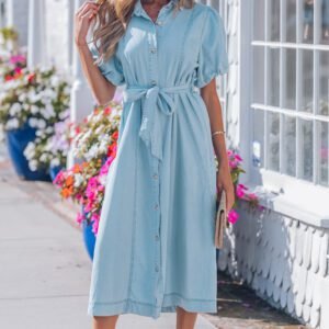 Beau Blue Full Buttons Collared Short Bubble Sleeve Long Denim Dress