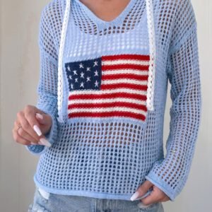 Beau Blue Hollow Out Crochet Knit American Flag Patched Sweater Hoodie