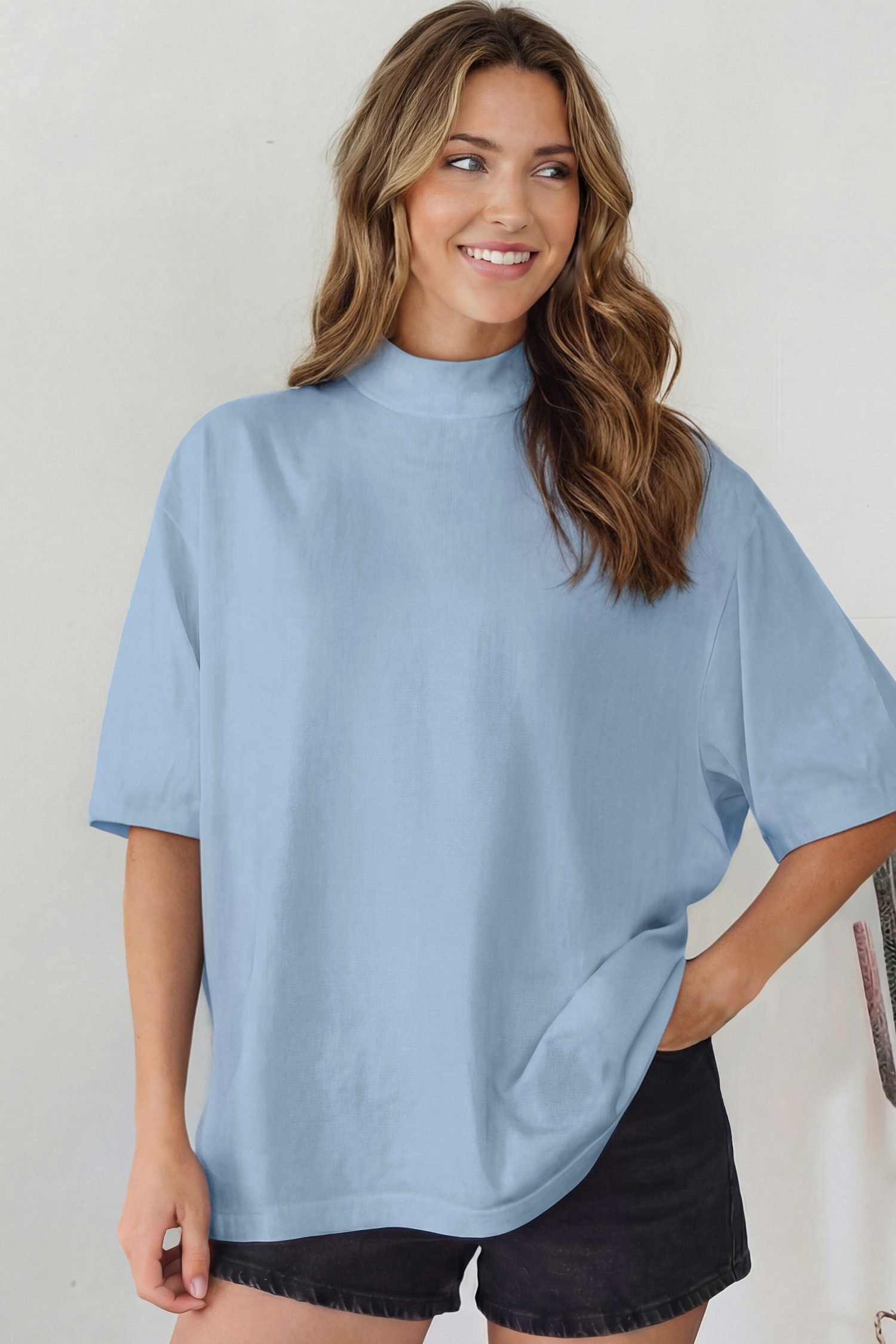 Beau Blue Solid Color High Neck Oversize Tee