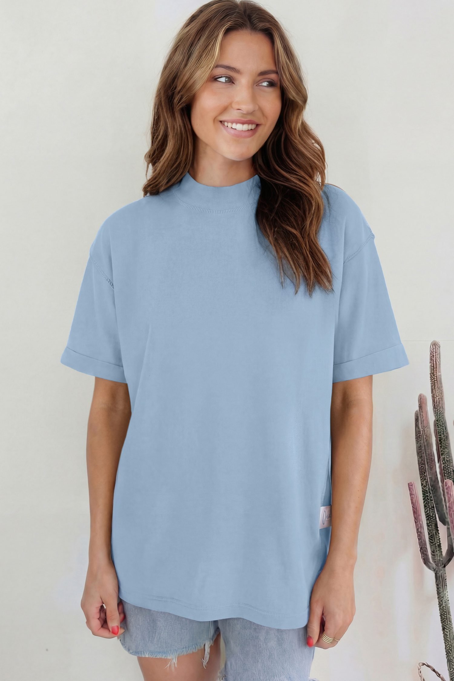 Beau Blue Solid Color High Neck Oversize Tee