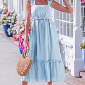 Beau Blue Solid Color Ruffle Trim High Waist Sleeveless Maxi Dress