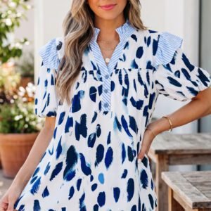 Beige Abstract Animal Print Striped Ruffle Trim V Neck Blouse
