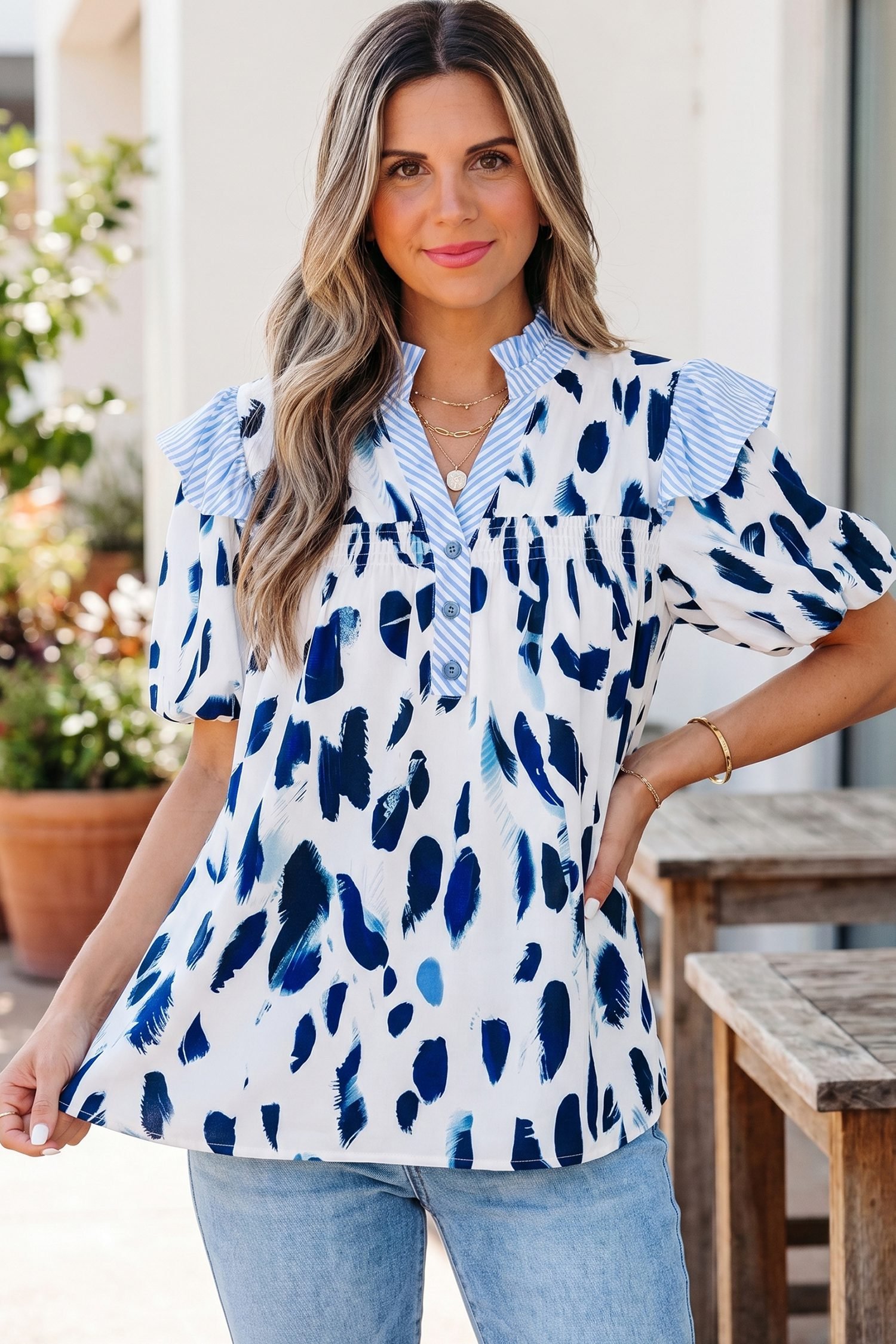 Beige Abstract Animal Print Striped Ruffle Trim V Neck Blouse