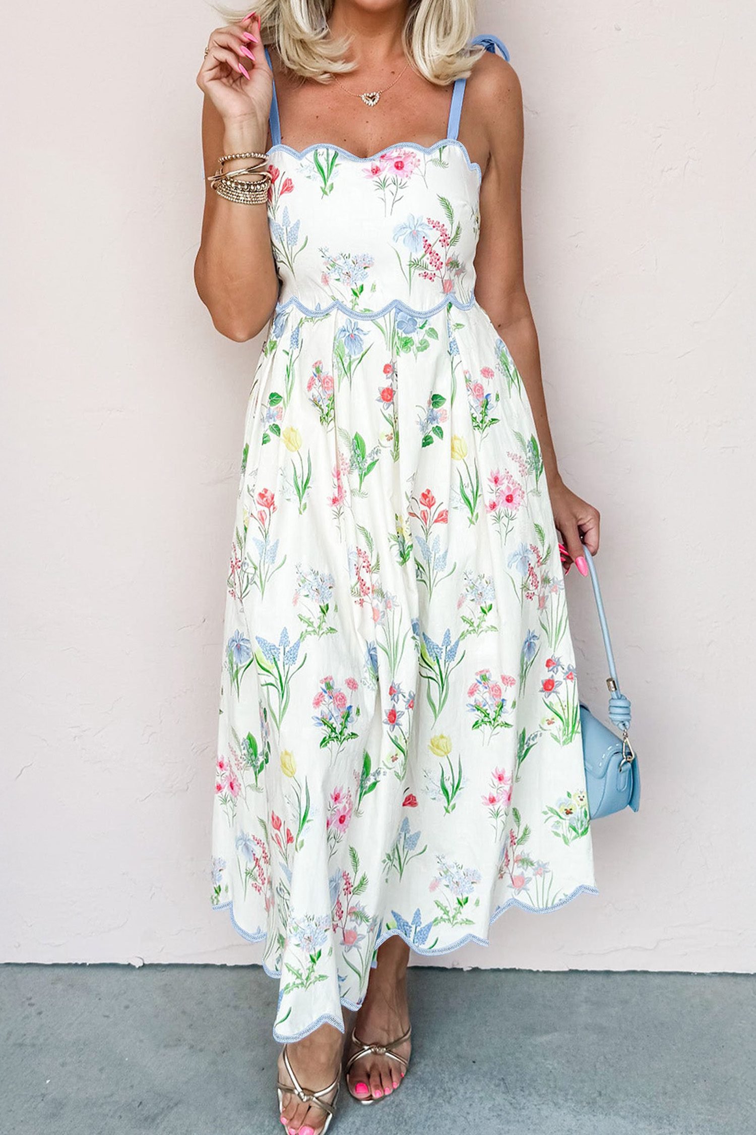 Beige Floral Print Contrast Trim Self-tie Straps High Waist Midi Dress