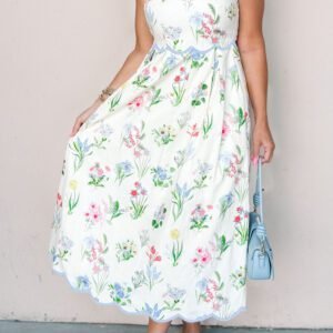 Beige Floral Print Contrast Trim Self-tie Straps High Waist Midi Dress