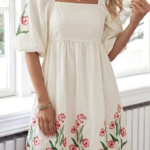 Beige Floral Print Puff Sleeve Babydoll Dress