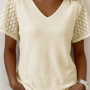 Beige Lace Splicing Button Cutout V Neck Waffle Knit Blouse