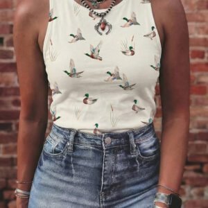Beige Mallard Print Western Style Tank Top