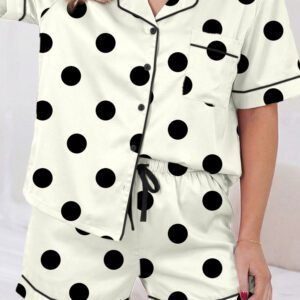 Beige Polka Dot Print Lapel Shirt Drawstring 2pcs Short Pajama Set