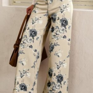 Beige Retro Floral Print Turn-up Cuffed Hem Loose Jeans