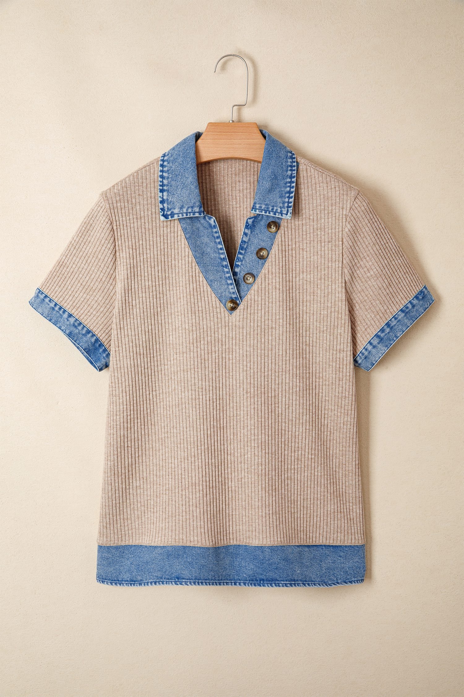 Beige Ribbed Knit Denim Color Block Patchwork Button Detail Collared Blouse