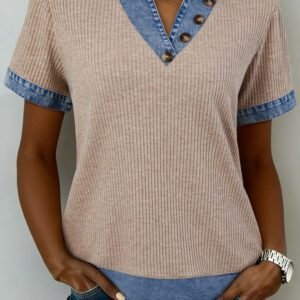 Beige Ribbed Knit Denim Color Block Patchwork Button Detail Collared Blouse