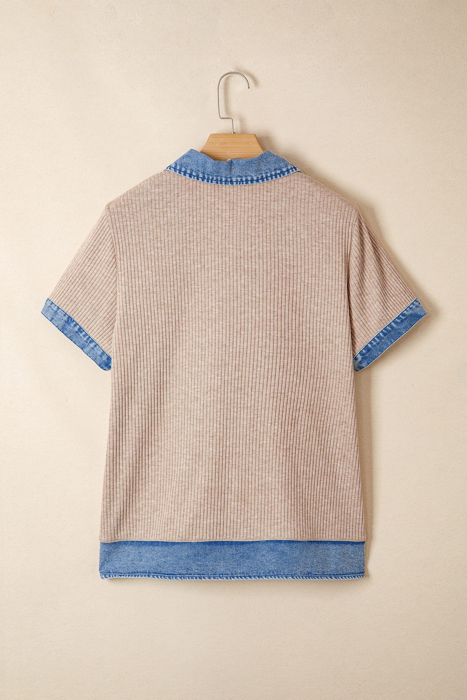 Beige Ribbed Knit Denim Color Block Patchwork Button Detail Collared Blouse