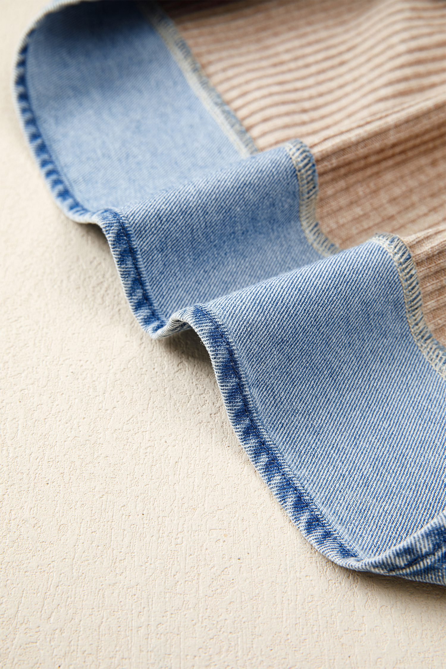 Beige Ribbed Knit Denim Color Block Patchwork Button Detail Collared Blouse