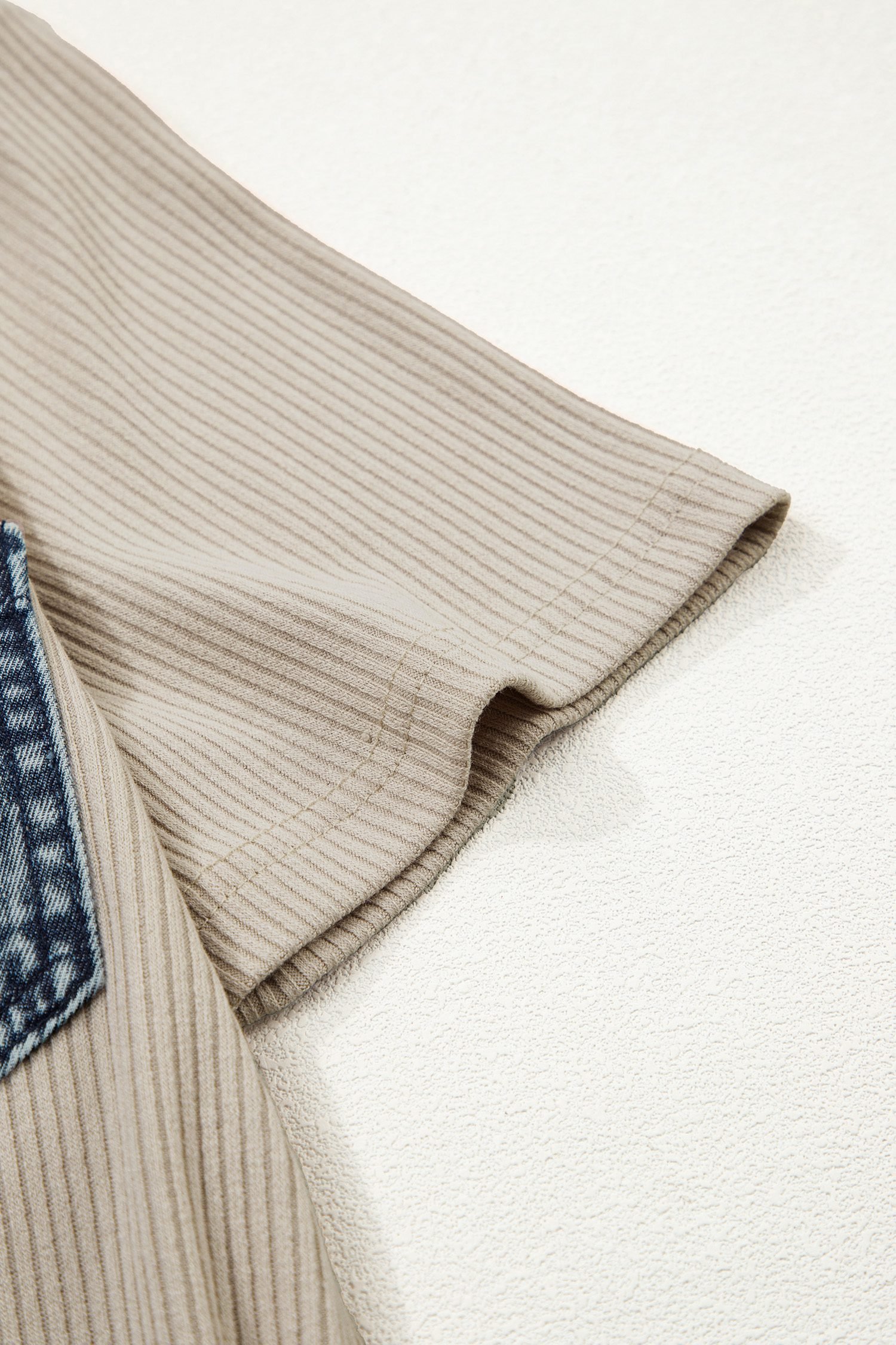 Beige Short Sleeve Ribbed Knit Denim Patchwork Polo Collar Dress