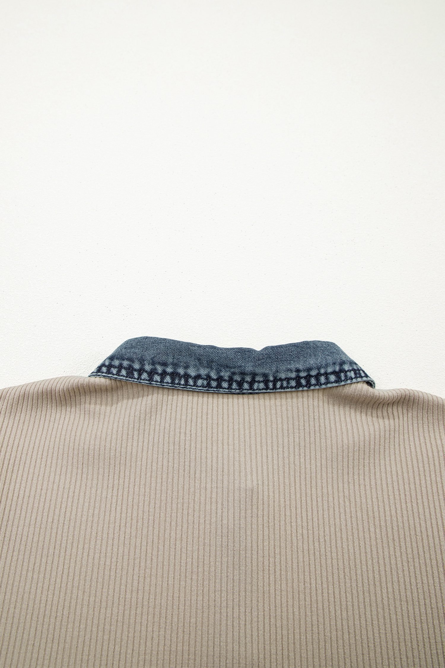 Beige Short Sleeve Ribbed Knit Denim Patchwork Polo Collar Dress