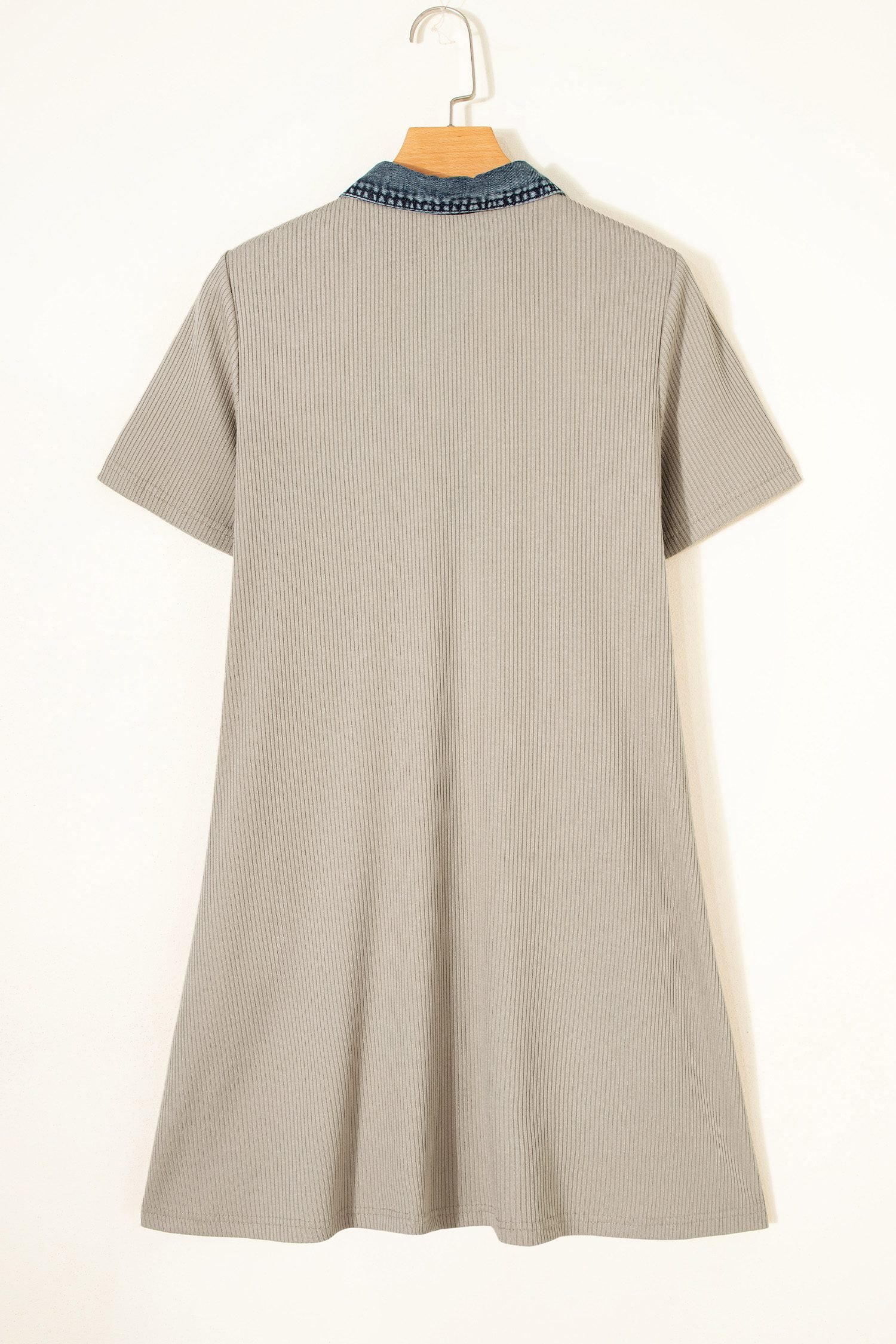 Beige Short Sleeve Ribbed Knit Denim Patchwork Polo Collar Dress
