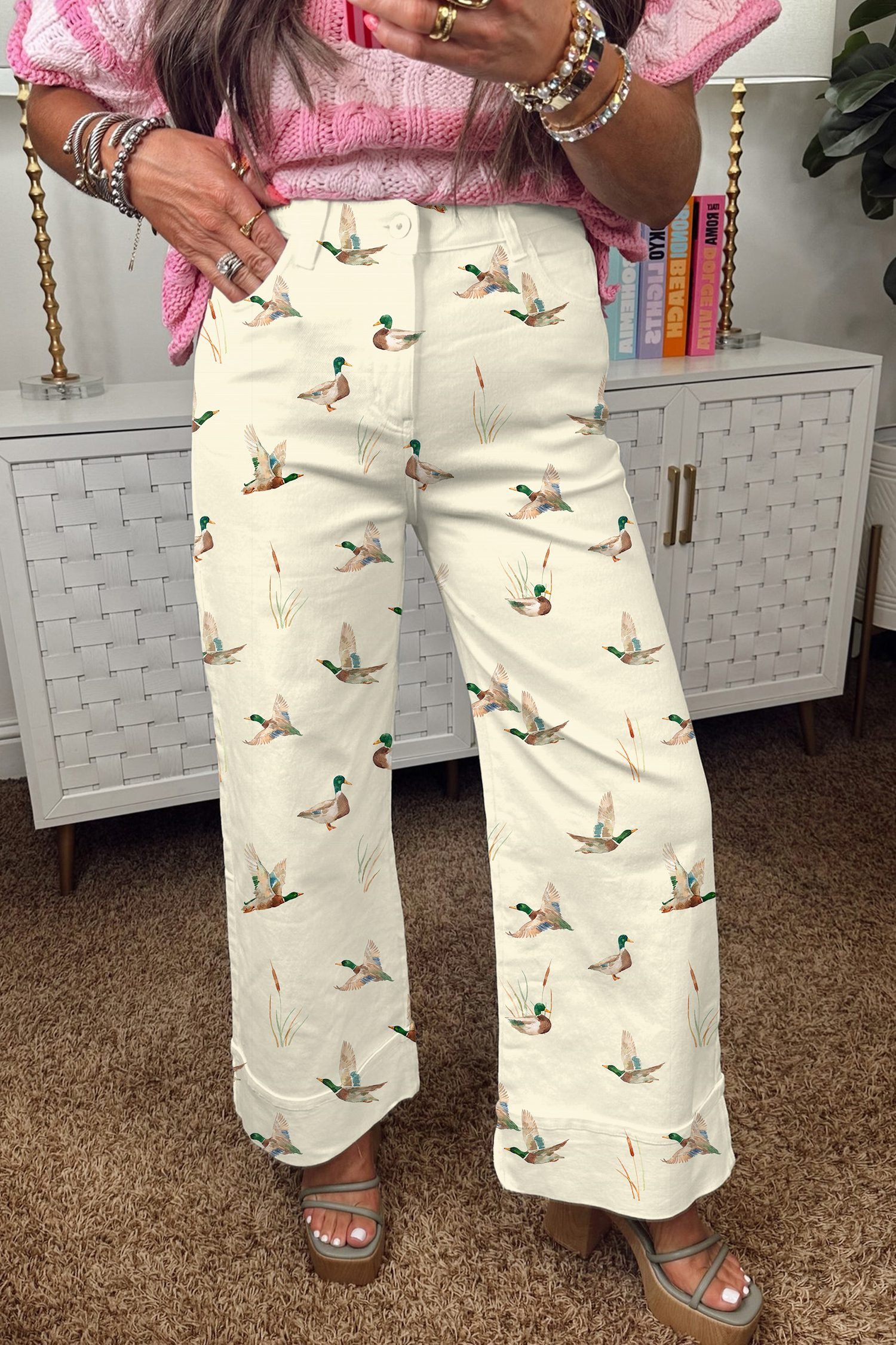 Beige Stylish Mallard Printed Cuffed Hem Shift Jeans