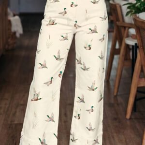 Beige Stylish Mallard Printed Cuffed Hem Shift Jeans