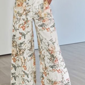 Beige Vintage Style Floral Print High Waist Wide Leg Jeans