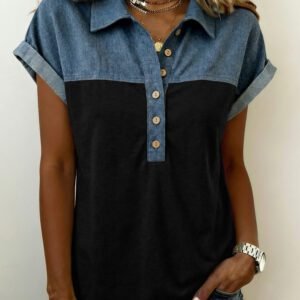 Black Color Block Denim Patchwork Button Polo Collar Short Sleeve Top
