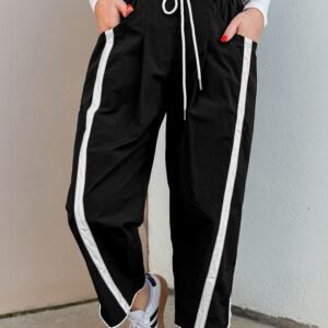 Black Contrast Striped Smocked Waist Drawstring Cropped Casual Pants