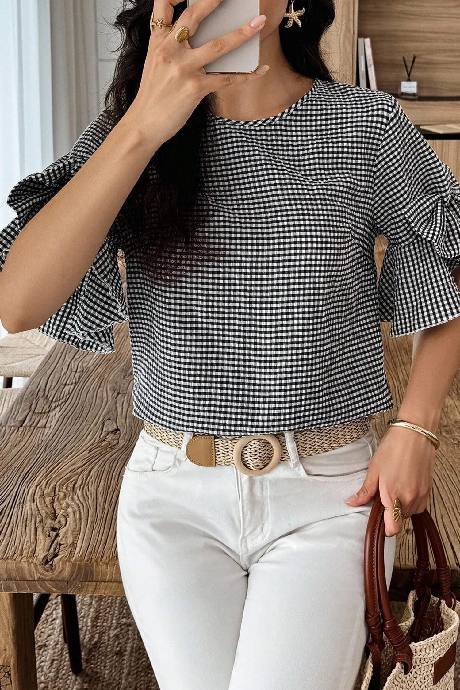 Black Plaid Bow Ruffled Half Sleeve Round Neck Blouse