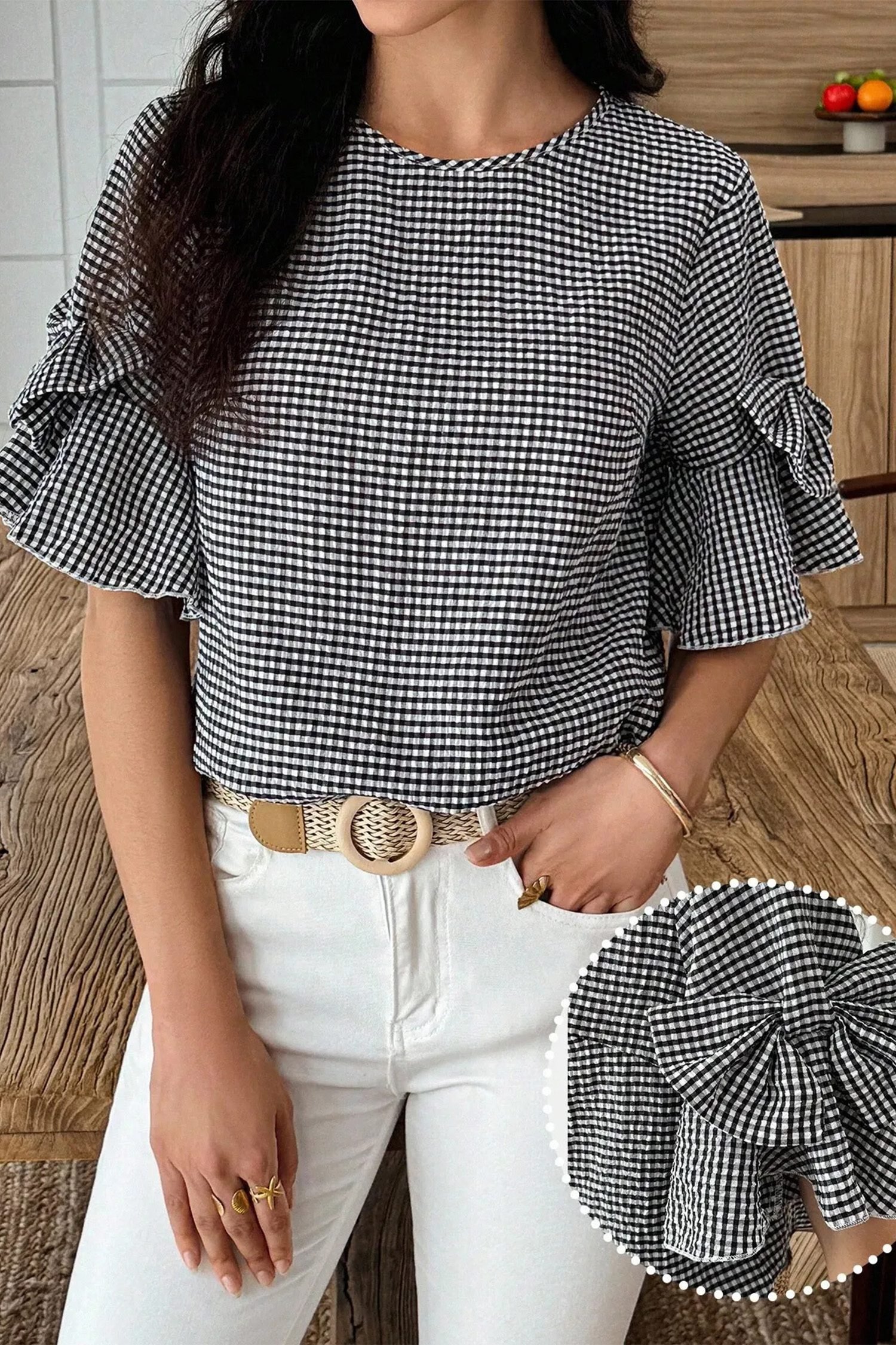 Black Plaid Bow Ruffled Half Sleeve Round Neck Blouse