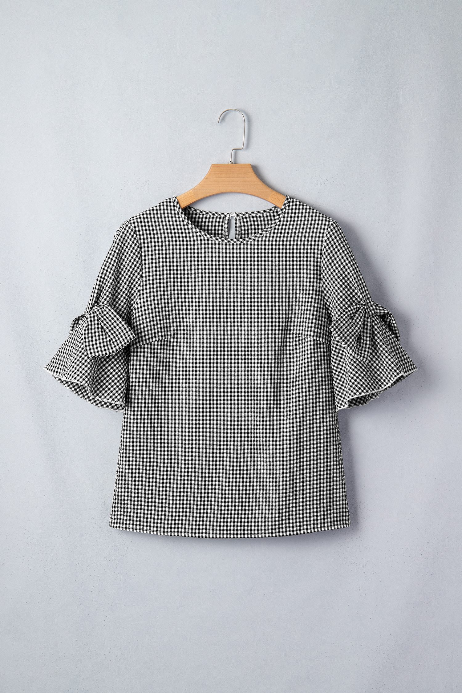 Black Plaid Bow Ruffled Half Sleeve Round Neck Blouse