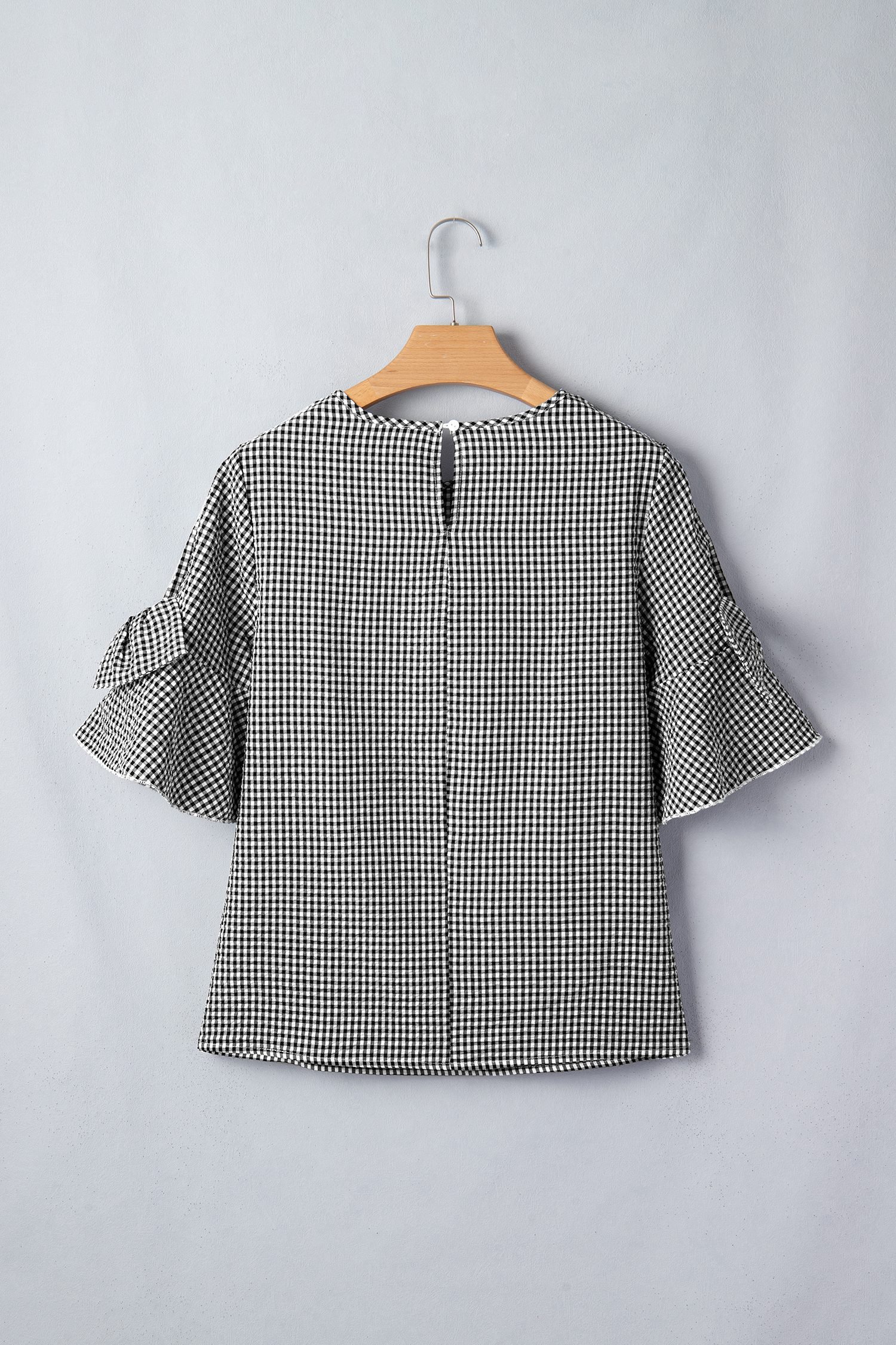 Black Plaid Bow Ruffled Half Sleeve Round Neck Blouse