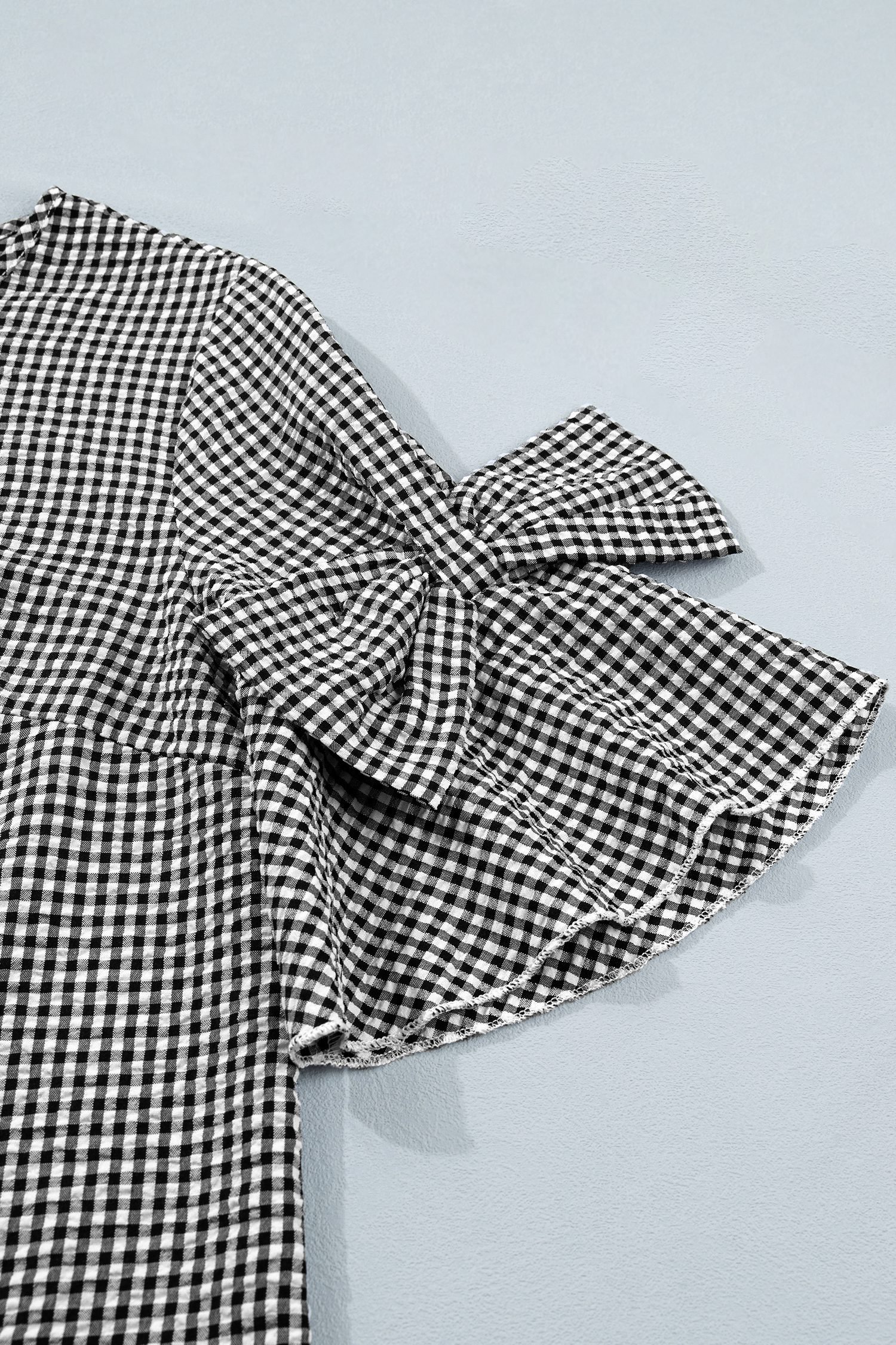 Black Plaid Bow Ruffled Half Sleeve Round Neck Blouse