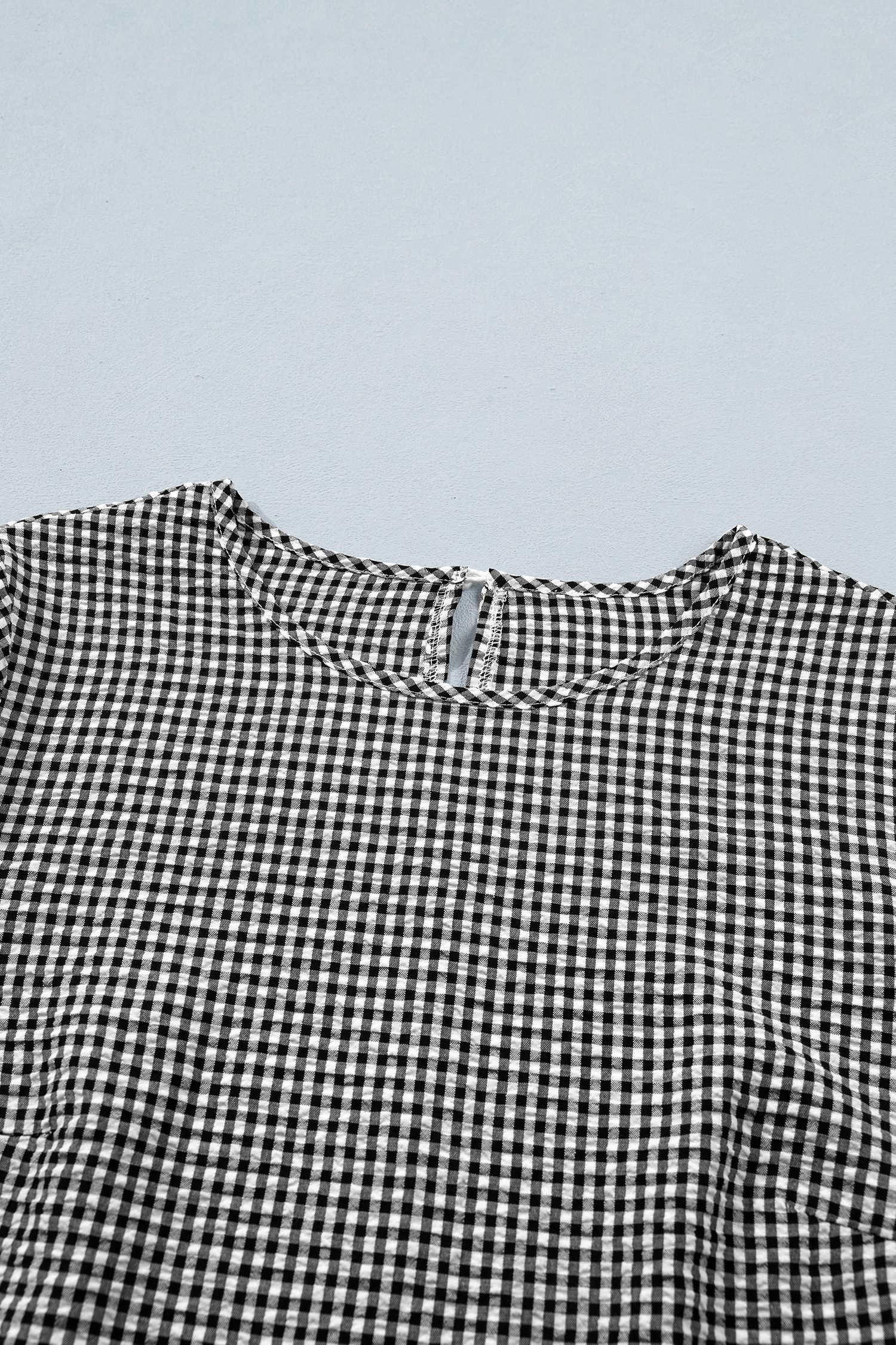 Black Plaid Bow Ruffled Half Sleeve Round Neck Blouse