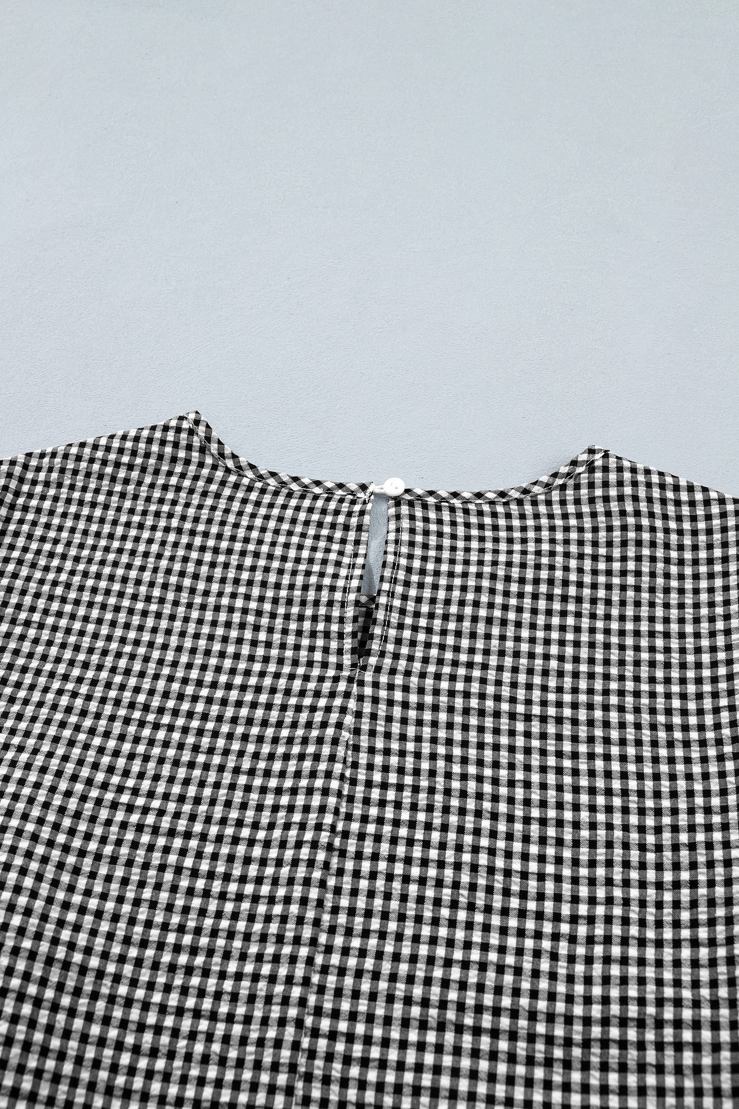 Black Plaid Bow Ruffled Half Sleeve Round Neck Blouse